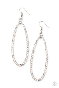 The front of a lengthened silver oval frame is encrusted in glittery white rhinestones, creating a glamorous centerpiece. Earring attaches to a standard fishhook fitting.