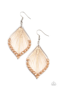 Golden brown thread is strung across the center of a shimmery silver frame. Sparkly brown crystal-like beads embellish the bottom of the frame, creating a glamorous centerpiece. Earring attaches to a standard fishhook fitting. 