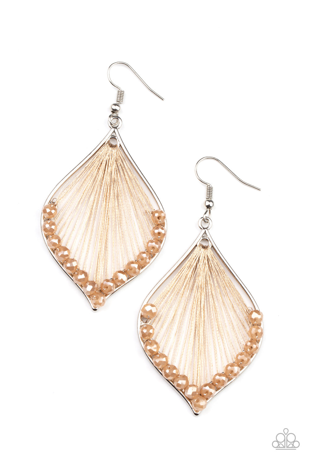Golden brown thread is strung across the center of a shimmery silver frame. Sparkly brown crystal-like beads embellish the bottom of the frame, creating a glamorous centerpiece. Earring attaches to a standard fishhook fitting. 