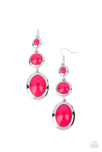 Load image into Gallery viewer, Mismatched glassy pink beads are encased in sleek silver frames that whimsically link into a colorfully retro lure. Earring attaches to a standard fishhook fitting. 
