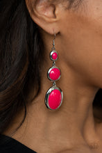 Load image into Gallery viewer, Mismatched glassy pink beads are encased in sleek silver frames that whimsically link into a colorfully retro lure. Earring attaches to a standard fishhook fitting. 
