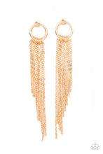 Load image into Gallery viewer, Tapered gold chains cascade from the bottom of a dainty gold hoop, creating an angled fringe. Earring attaches to a standard post fitting.
