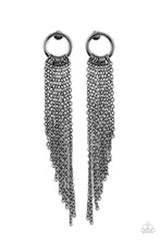 Load image into Gallery viewer, Tapered gunmetal chains cascade from the bottom of a dainty gunmetal hoop, creating an angled fringe. Earring attaches to a standard post fitting.
