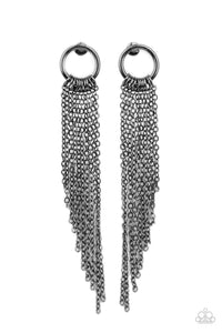 Tapered gunmetal chains cascade from the bottom of a dainty gunmetal hoop, creating an angled fringe. Earring attaches to a standard post fitting.