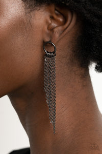 Tapered gunmetal chains cascade from the bottom of a dainty gunmetal hoop, creating an angled fringe. Earring attaches to a standard post fitting.