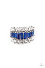 Load image into Gallery viewer, Flanked between two sparkly rows of stunning white rhinestones, a row of glittery blue emerald cut rhinestones gradually increase in size at the center for a dramatically stacked look across the finger. Features a stretchy band for a flexible fit.
