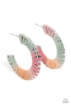 Load image into Gallery viewer, Multicolored wicker-like cording wraps around a thick silver hoop, creating a flirty pop of color. Earring attaches to a standard post fitting. Hoop measures approximately 1 1/2&quot; in diameter.
