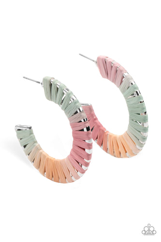 Multicolored wicker-like cording wraps around a thick silver hoop, creating a flirty pop of color. Earring attaches to a standard post fitting. Hoop measures approximately 1 1/2