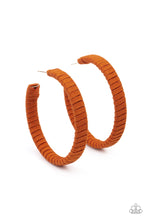 Load image into Gallery viewer, Orange suede cording wraps around an oversized hoop, creating an earthy pop of color. Earring attaches to a standard post fitting. Hoop measures approximately 2 1/4&quot; in diameter.
