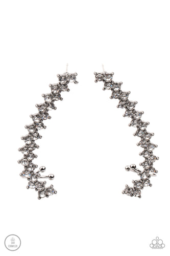 Encased in studded gunmetal fittings, pairs of glassy white rhinestones stack into a zigzagging frame up the ear for an electrifying fashion. Features a dainty cuff attached to the top for a secure fit.
