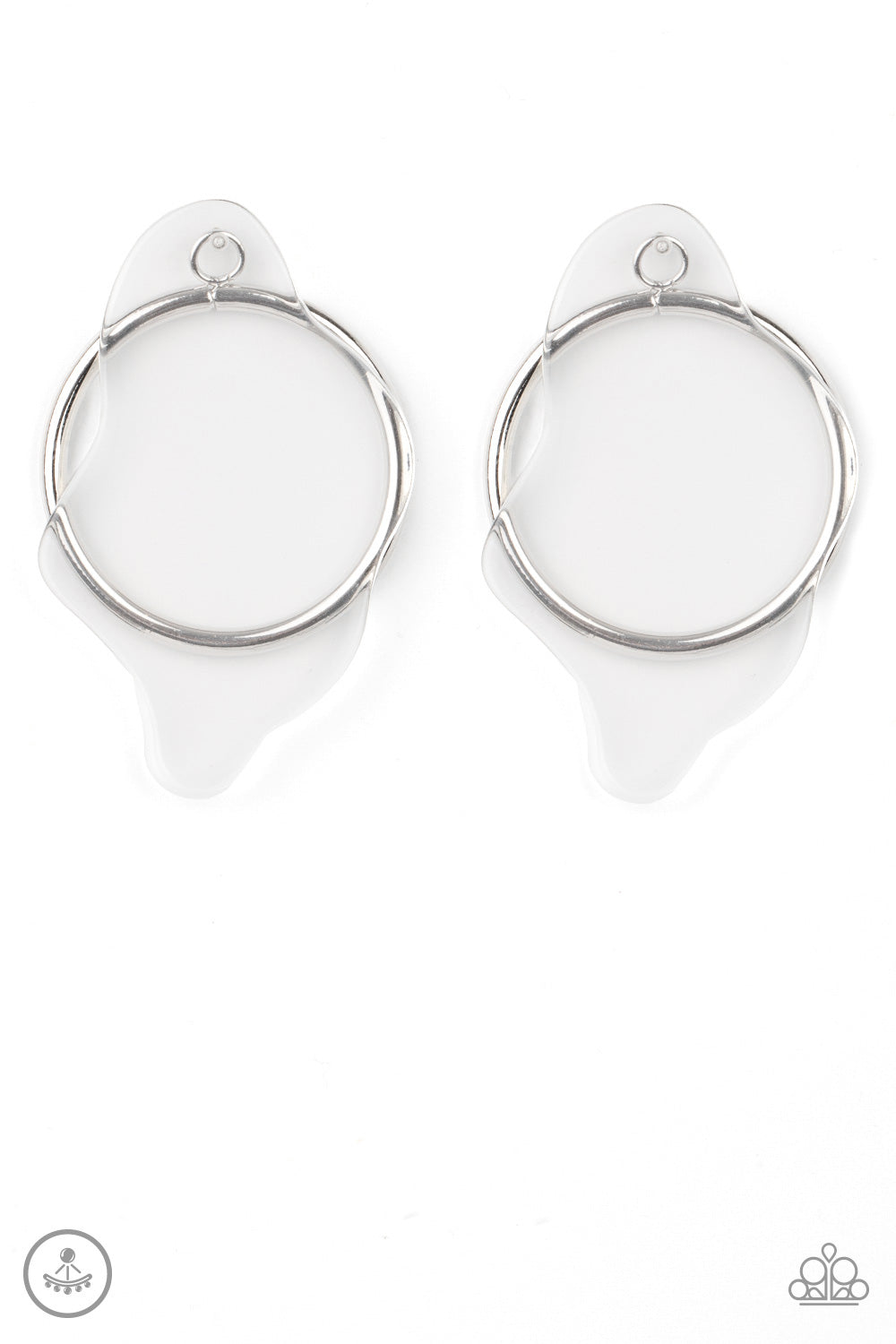 A warped piece of clear acrylic attaches to a double-sided post, while an oversized silver hoop peeks out beneath the ear for a bold look. Earring attaches to a standard post fitting