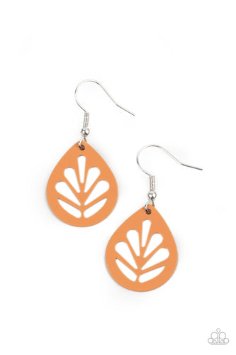 Painted in a colorful Marigold finish, a dainty orange leaf frame is stenciled in airy cutouts for a whimsical seasonal fashion. Earring attaches to a standard fishhook fitting.