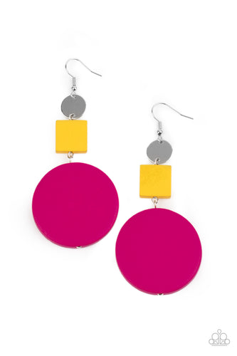 A shiny silver disc, yellow wooden square, and oversized pink wooden circle delicately link into a colorfully retro lure for a trendsetting finish. Earring attaches to a standard fishhook fitting.