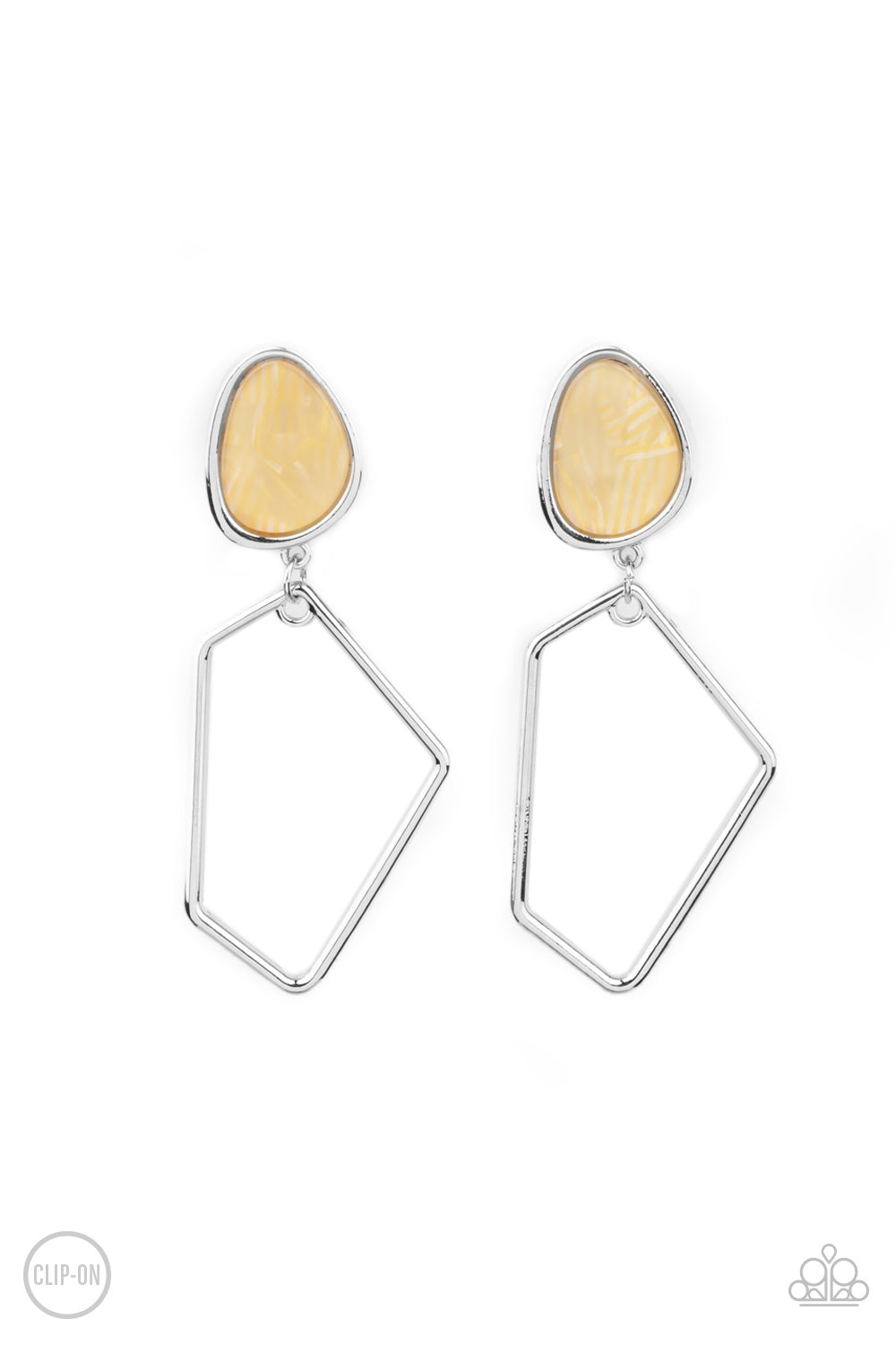  Encased in a classic silver fitting, an abstract faux stone fitting gives way to an airy geometric silver frame for a refined asymmetrical look. Earring attaches to a standard clip-on fitting.