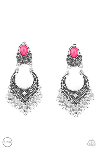 Infused with a silver beaded fringe, an ornate floral embellished frame attaches to a pink opal beaded frame for a whimsically stacked look. Earring attaches to a standard clip-on fitting.