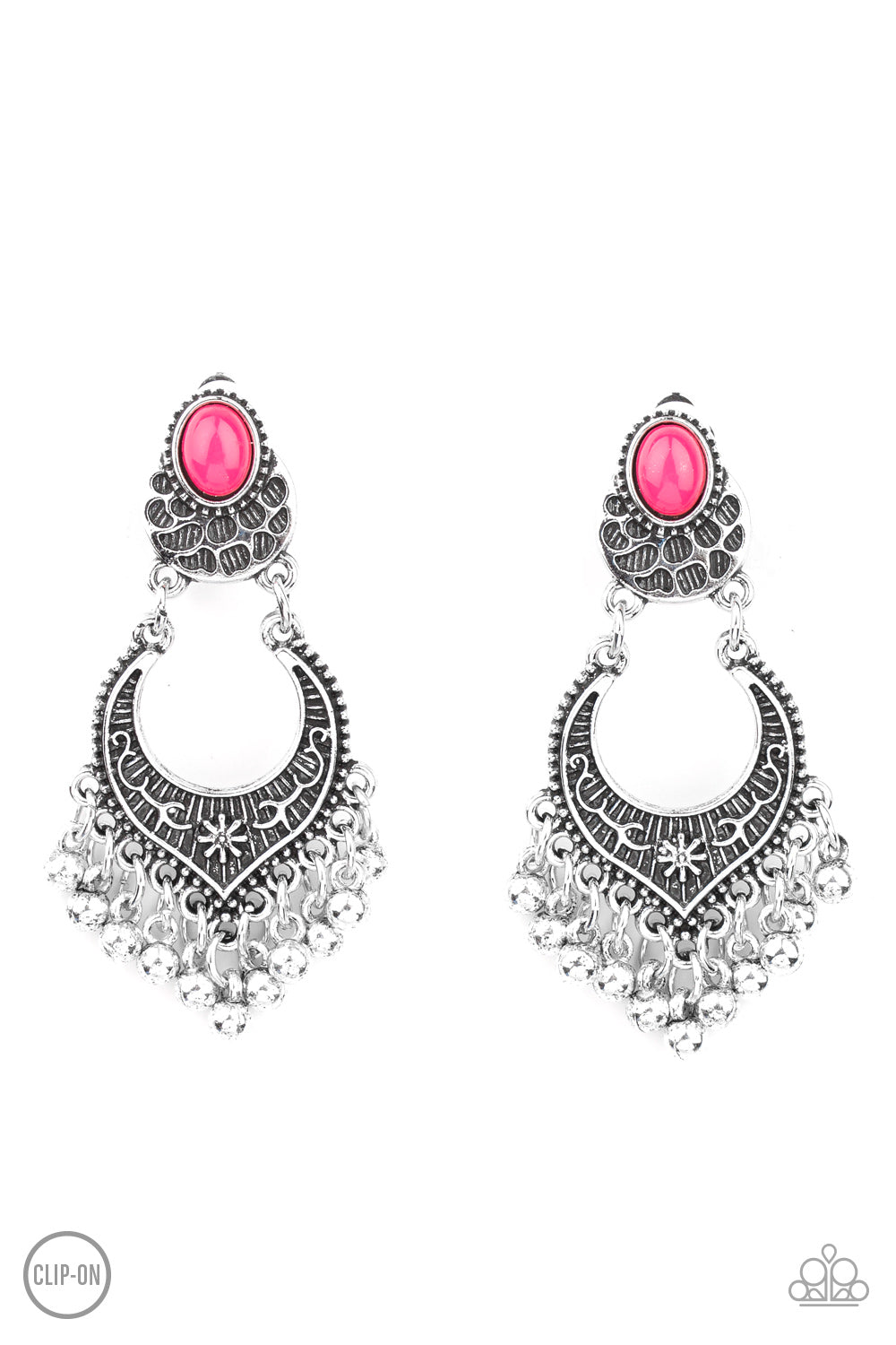 Infused with a silver beaded fringe, an ornate floral embellished frame attaches to a pink opal beaded frame for a whimsically stacked look. Earring attaches to a standard clip-on fitting.
