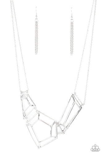 Glistening silver bars connect into edgy 3-dimensional frames below the collar, creating a bold geometric statement piece. Features an adjustable clasp closure. 