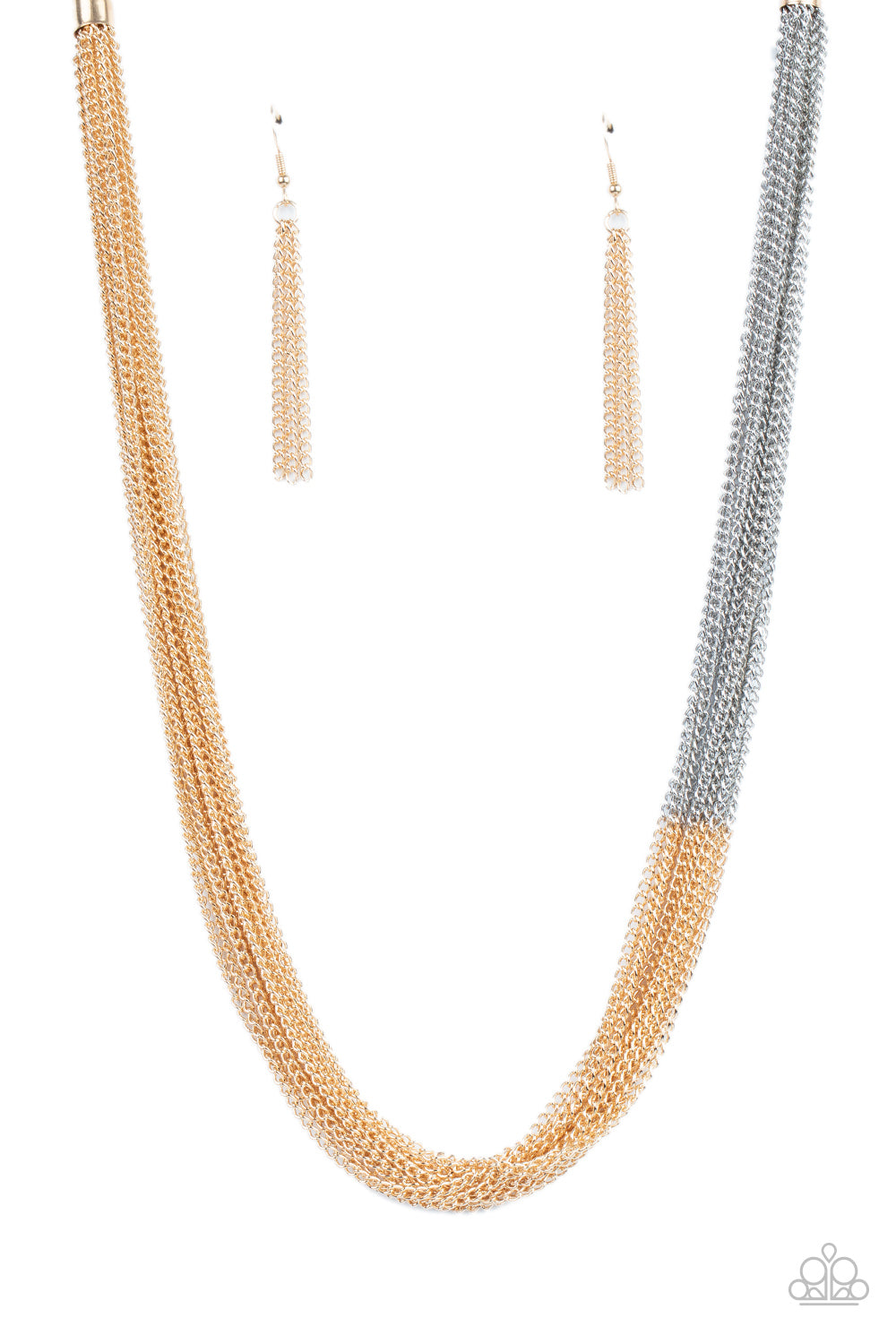 Sections of glistening gold chains collide with shimmery silver chains below the collar, linking into dramatic layers for an edgy effect. Features an adjustable clasp closure.