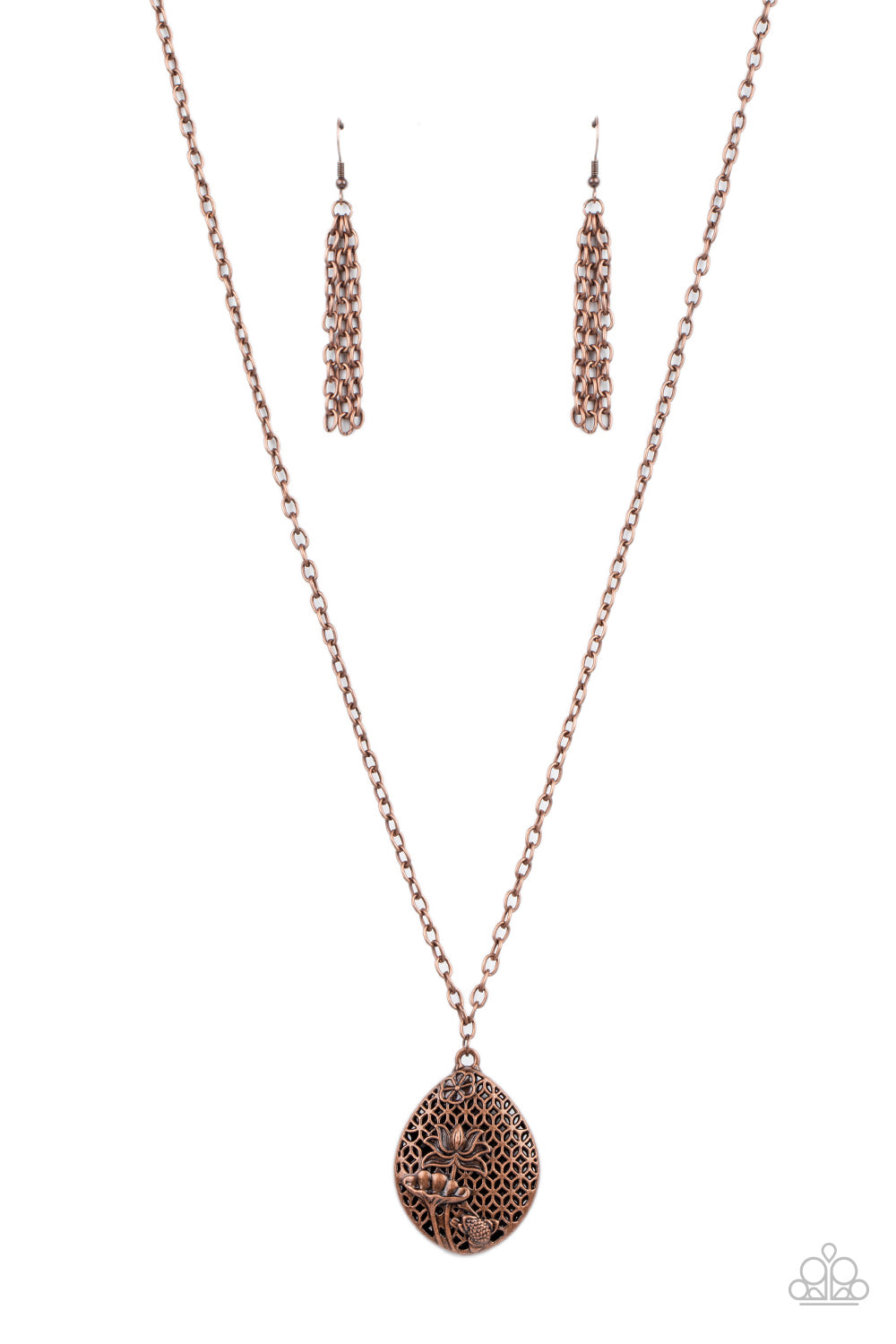Glistening copper wildflowers climb an ornate copper backdrop that fastens into a locket-inspired frame at the bottom of a lengthened copper chain. Features an adjustable clasp closure.