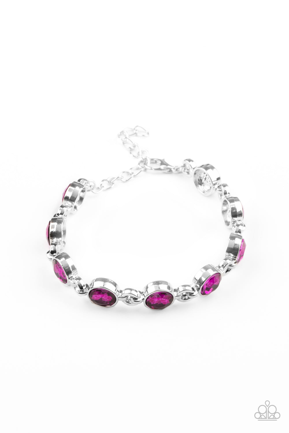 Classic pink rhinestone encrusted silver frames delicately link around the wrist, creating a timeless centerpiece. Features an adjustable clasp closure. 