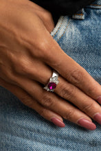 Load image into Gallery viewer, Trios of glassy white rhinestones flank an oversized pink rhinestone, creating a sparkly centerpiece atop a dainty silver band. Features a dainty stretchy band for a flexible fit.
