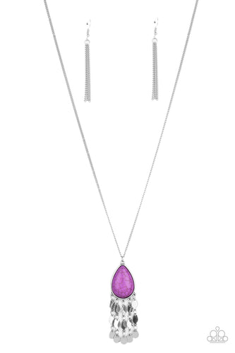 A vivacious purple stone teardrop pendant swings from the bottom of a lengthened silver chain. Tassels of silver teardrop frames trickle from the bottom of the colorful pendant, creating a musical fringe. Features an adjustable clasp closure