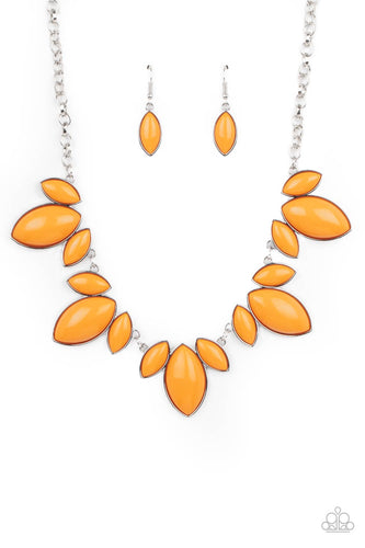 Trios of Marigold marquise shaped beads connect into leafy frames below the collar, creating a vivacious centerpiece. Features an adjustable clasp closure.
