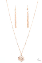 Load image into Gallery viewer, A shiny rose gold lotus blooms along a dainty rose gold chain, creating a whimsical pendant below the collar. Features an adjustable clasp closure. 
