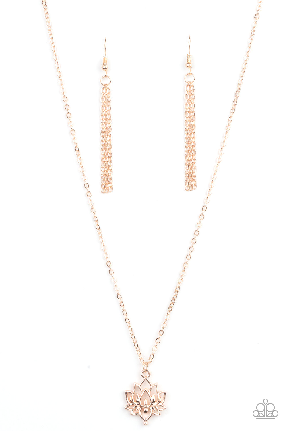A shiny rose gold lotus blooms along a dainty rose gold chain, creating a whimsical pendant below the collar. Features an adjustable clasp closure. 