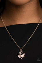 Load image into Gallery viewer, A shiny rose gold lotus blooms along a dainty rose gold chain, creating a whimsical pendant below the collar. Features an adjustable clasp closure. 
