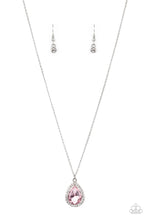 Load image into Gallery viewer, An oversized pink rhinestone teardrop is pressed into the center of a silver frame bordered in white rhinestones, creating a glamorous pendant below the collar. Features an adjustable clasp closure.
