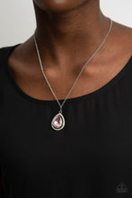 Load image into Gallery viewer, An oversized pink rhinestone teardrop is pressed into the center of a silver frame bordered in white rhinestones, creating a glamorous pendant below the collar. Features an adjustable clasp closure.
