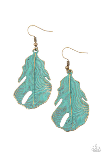Brushed in a patina finish, a lifelike brass feather swings from the ear for a free-spirited fashion. Earring attaches to a standard fishhook fitting.