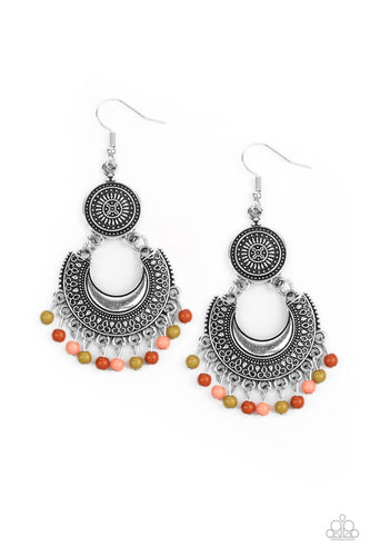 Dainty green, Rust, and Burnt Coral beads dangle from the bottom of a decorative silver crescent plate that links to the bottom of an ornately embossed silver disc, creating a colorful fringe. Earring attaches to a standard fishhook fitting. 