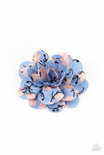 Load image into Gallery viewer, Plush blue petals are printed in a colorful blossom pattern as they gather into a whimsical springtime flower. Features a standard hair clip on the back. 
