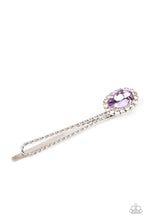 Load image into Gallery viewer, Bordered in a ring of glassy white rhinestones, an oval purple gem adorns the corner of a textured silver bobby pin for a glamorous finish.
