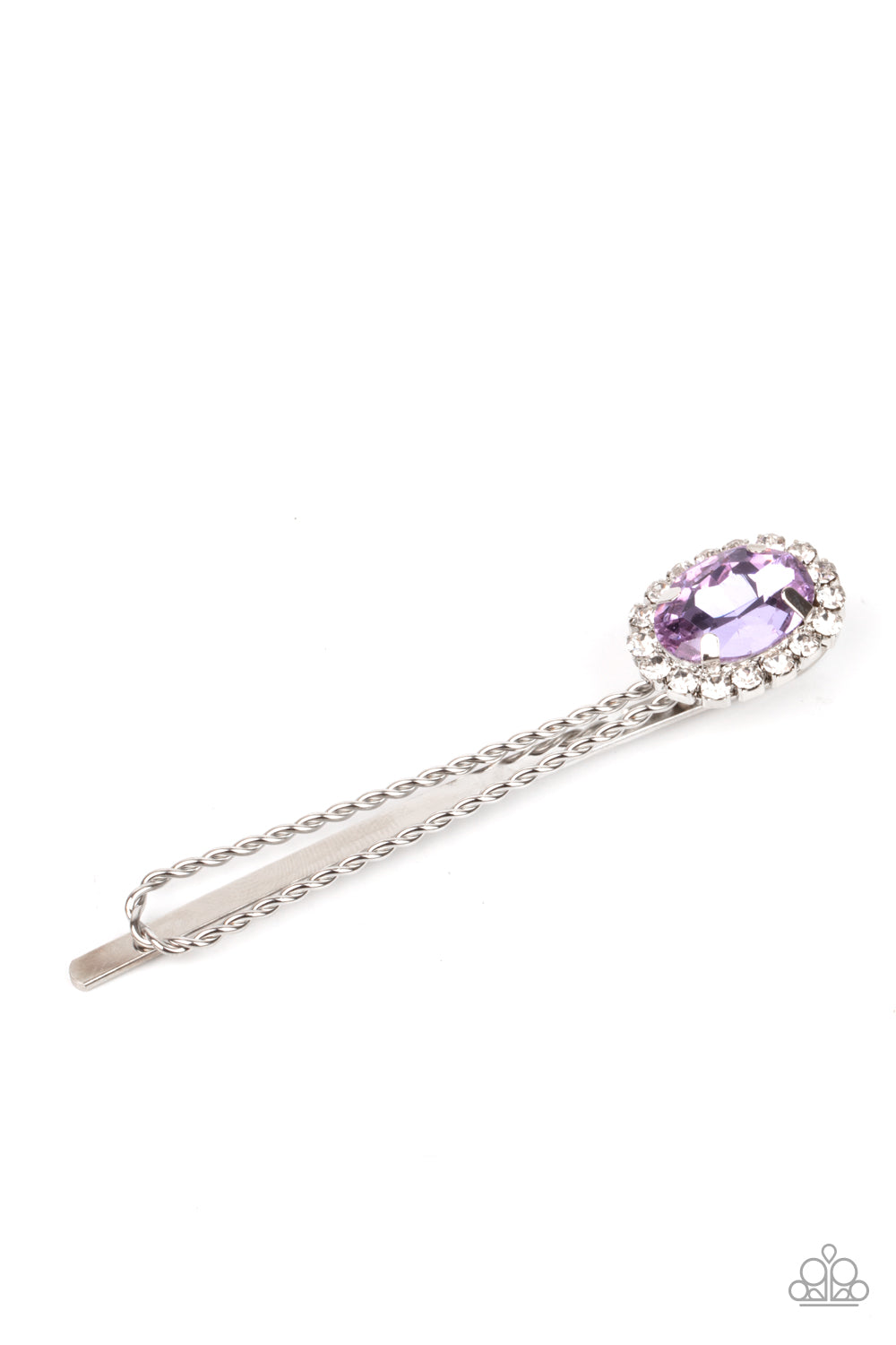 Bordered in a ring of glassy white rhinestones, an oval purple gem adorns the corner of a textured silver bobby pin for a glamorous finish.