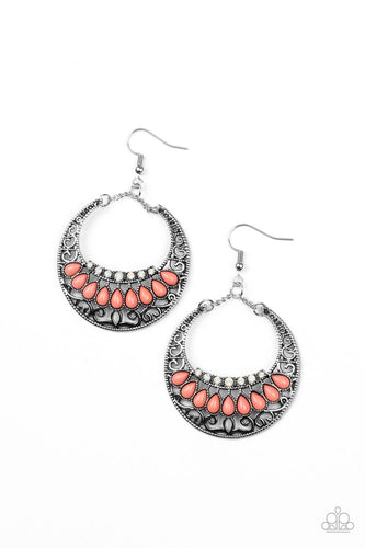 Filled with a silver filigree backdrop, an antiqued crescent frame is adorned with dainty opalescent rhinestones and Burnt Coral teardrop beads for a mystical finish. Earring attaches to a standard fishhook fitting.