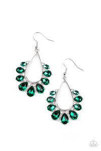 Gradually increasing in size, a glittery collection of green teardrop rhinestones fan out from a white rhinestone dotted silver teardrop frame, creating a sparkly statement. Earring attaches to a standard fishhook fitting. 