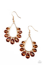 Load image into Gallery viewer, Gradually increasing in size, a glittery collection of topaz teardrop rhinestones fan out from a white rhinestone dotted gold teardrop frame, creating a sparkly statement. Earring attaches to a standard fishhook fitting.
