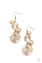 Load image into Gallery viewer, Oversized white pearls and hammered gold discs delicately link into a bubbly lure for a refined flair. Earring attaches to a standard fishhook fitting
