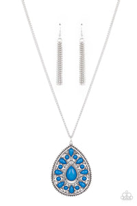 A dainty collection of round and teardrop French Blue beads flair out from an oversized teardrop bead across the front of an ornate frame. Embossed and cutout in geometric patterns, the tribal inspired pendant swings from the bottom of a lengthened silver chain for a dramatic pop of color. Features an adjustable clasp closure.