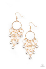 Load image into Gallery viewer, Classic white pearls attach to the bottom of strands of dainty gold links, creating a bubbly tassel at the bottom of a timeless gold hoop. Earring attaches to a standard fishhook fitting. 
