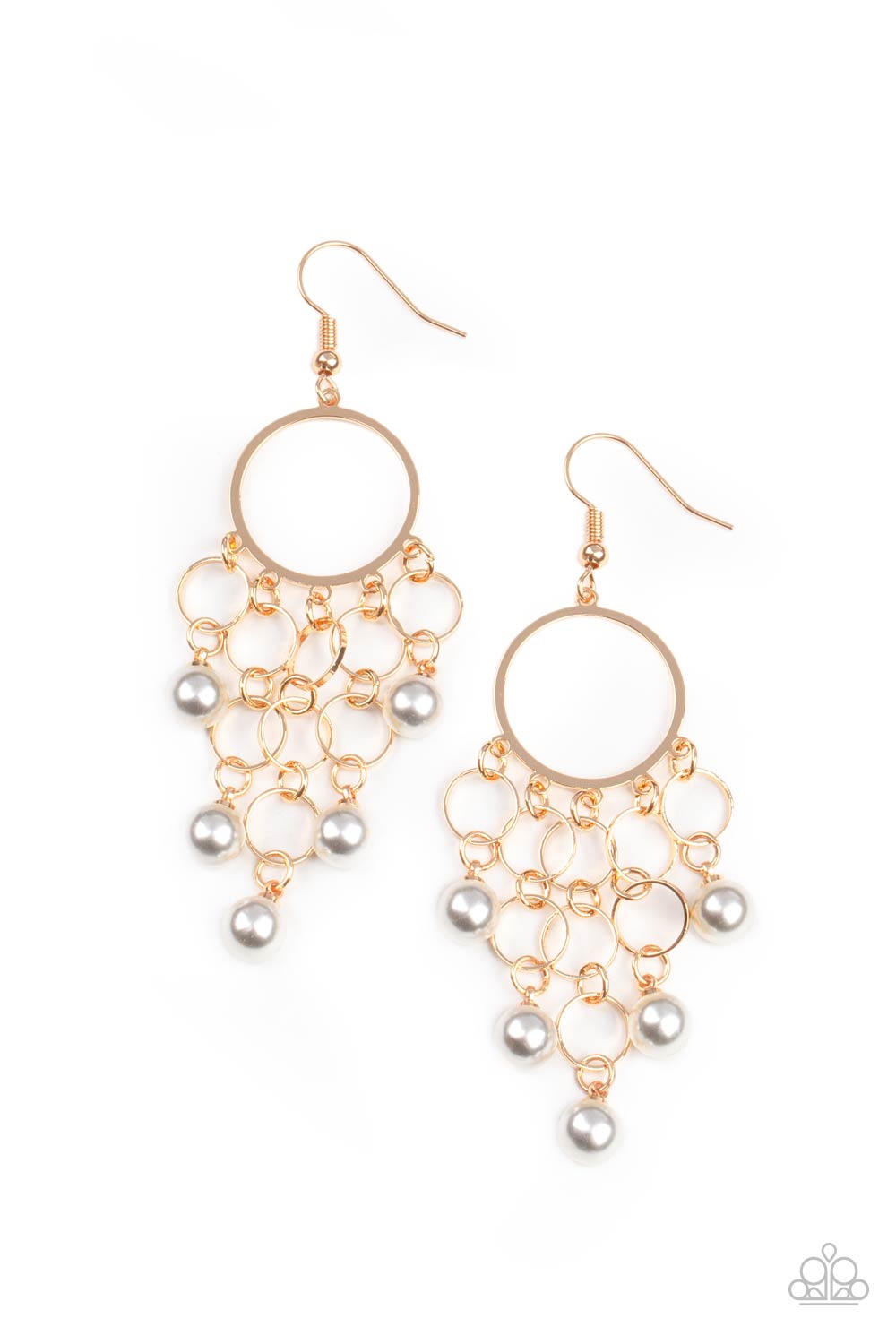 Classic white pearls attach to the bottom of strands of dainty gold links, creating a bubbly tassel at the bottom of a timeless gold hoop. Earring attaches to a standard fishhook fitting. 