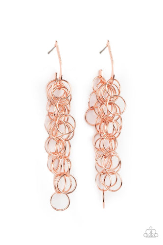 Strands of shiny copper links cascade from the bottom of a dainty hook shaped hoop, creating a rebellious fringe. Hoop measures approximately 1/2