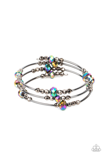 A shimmery collection of dainty gunmetal beads, oil spill crystal-like accents, and gunmetal rods are threaded along a coiled wire around the wrist, creating a stellar infinity wrap bracelet.