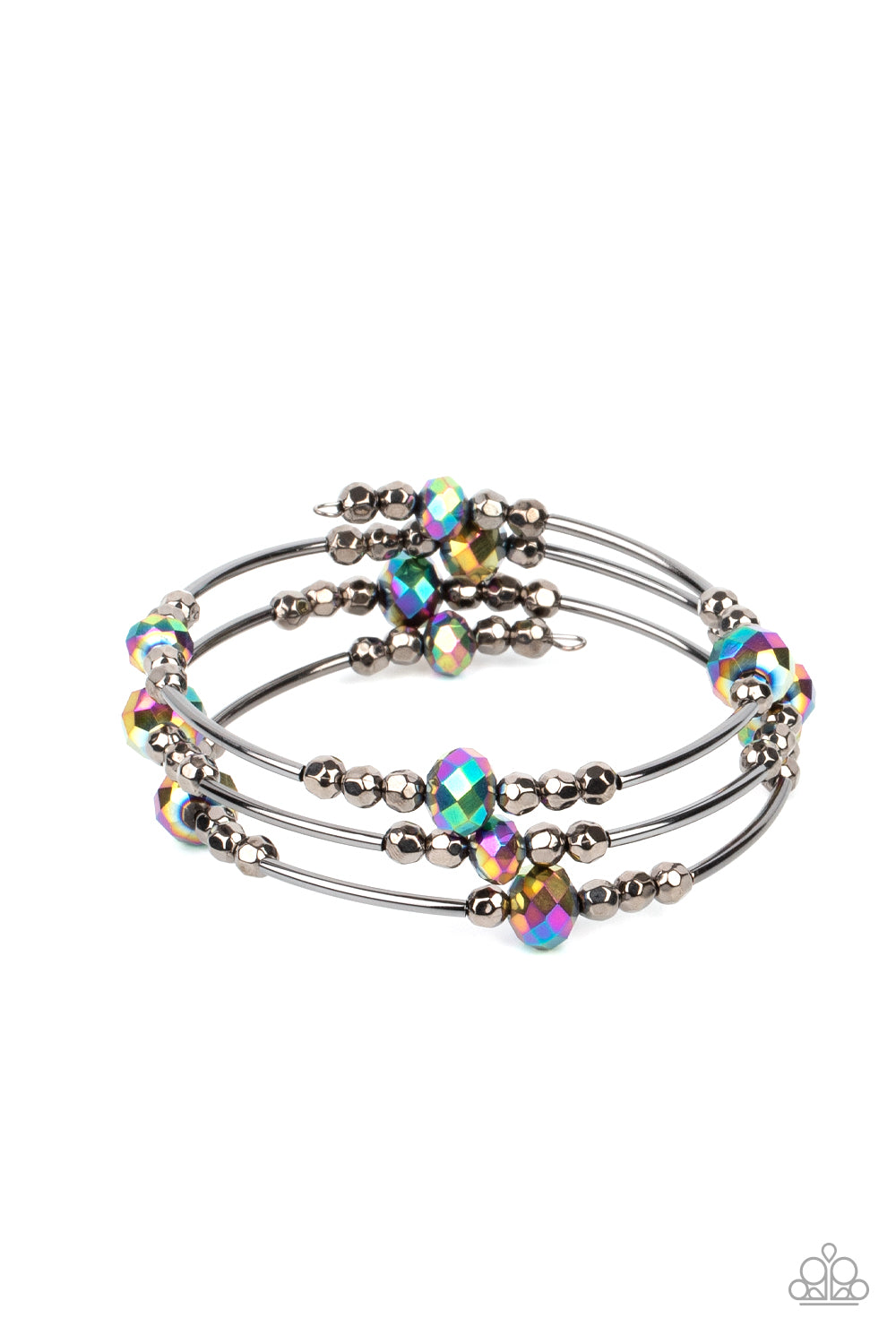 A shimmery collection of dainty gunmetal beads, oil spill crystal-like accents, and gunmetal rods are threaded along a coiled wire around the wrist, creating a stellar infinity wrap bracelet.