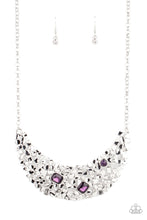 Load image into Gallery viewer, Sporadically dotted in mismatched purple and white rhinestones, a smattering of fragmented silver frames coalesce into a bold half moon below the collar for an edgy fashion. Features an adjustable clasp closure. 
