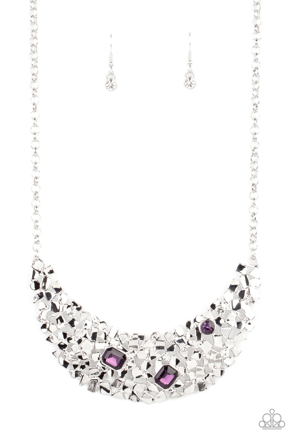 Sporadically dotted in mismatched purple and white rhinestones, a smattering of fragmented silver frames coalesce into a bold half moon below the collar for an edgy fashion. Features an adjustable clasp closure. 