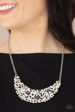 Load image into Gallery viewer, Sporadically dotted in mismatched purple and white rhinestones, a smattering of fragmented silver frames coalesce into a bold half moon below the collar for an edgy fashion. Features an adjustable clasp closure. 
